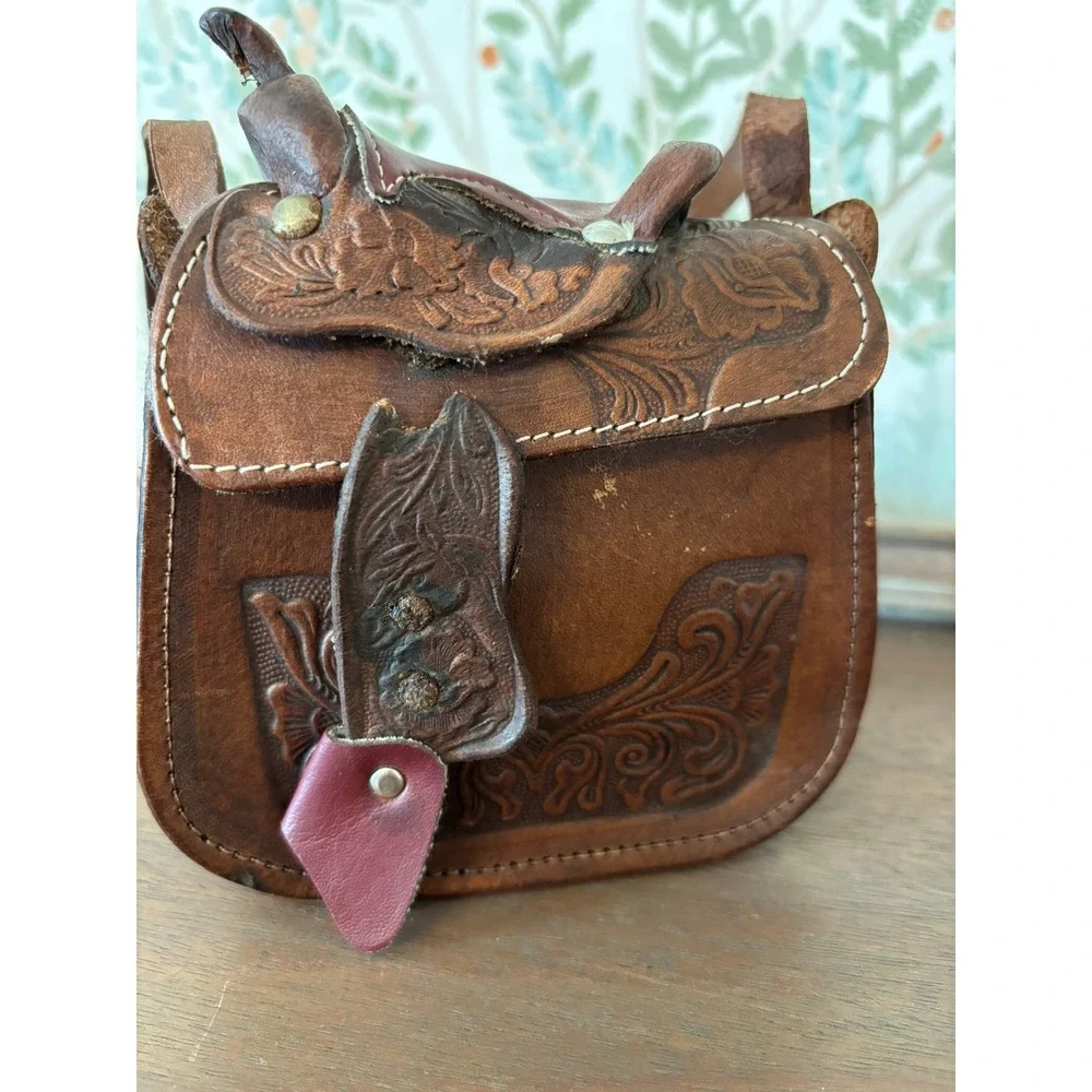 Vintage 70s Tooled Leather Handmade Shearling Horse Saddle Purse Western Bag